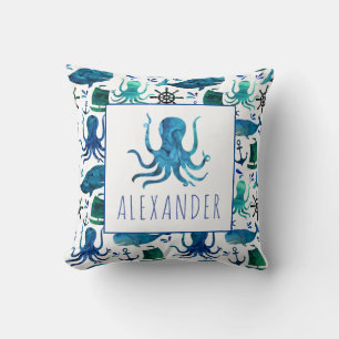 Coussin Aquarelle bleue Nautique Sous La Mer Octopus