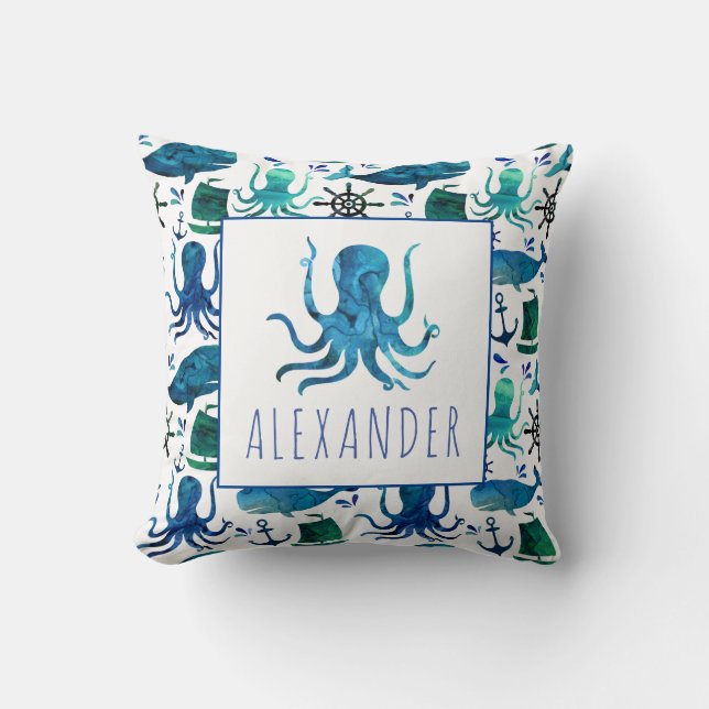 Coussin Aquarelle bleue Nautique Sous La Mer Octopus (Recto)