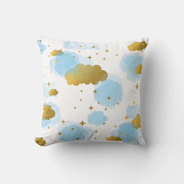 Coussin Aquarelle bleue Nuages Gold Stars Sky (Recto)