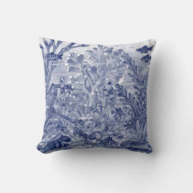Coussin Aquarelle bleue sous la mer Ocean Beach House Crab (Recto)