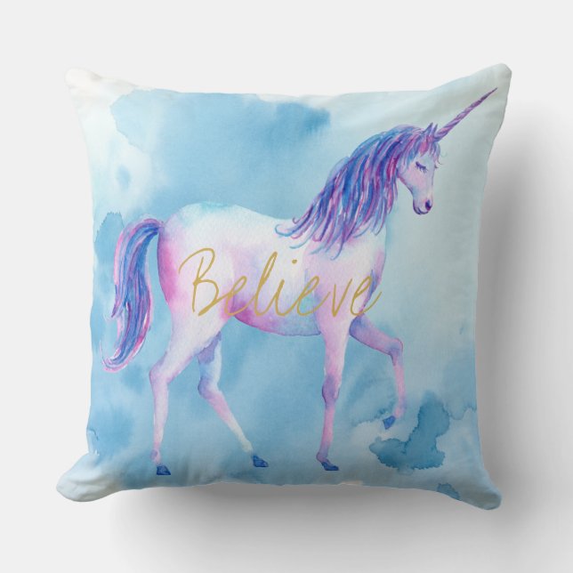 Coussin Aquarelle bleue Unicorn Croire (Recto)