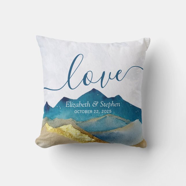Coussin Aquarelle Blue Gold Foil Mountain Mariage extérieu (Recto)