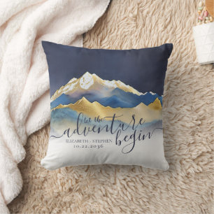 Coussin Aquarelle Blue Gold Foil Mountain Mariage extérieu