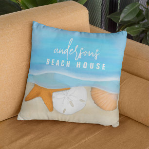 Coussin Aquarelle Blue Typographie Plage Personnalisée