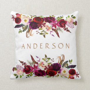 Coussin Aquarelle Bohème Floral Bourgogne Marsala Blanc