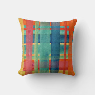 Coussin Aquarelle BOHO Orange Turquoise Bleu Rouge Plaid B