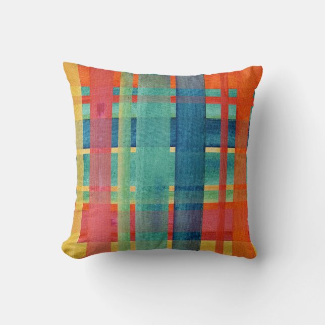 Coussin Aquarelle BOHO Orange Turquoise Bleu Rouge Plaid B (Recto)