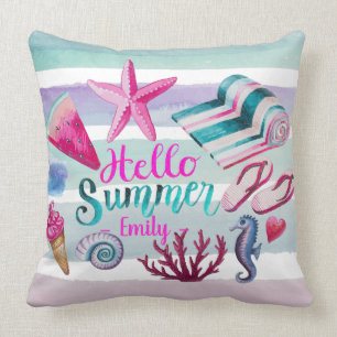 Coussin Aquarelle Bonjour Été Monogrammes Grandes Plages