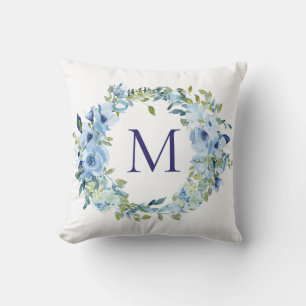 Coussin Aquarelle botanique de couleur bleu vert monogramm