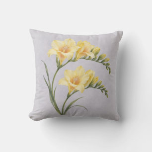 Coussin Aquarelle botanique de frésie jaune doré lilas