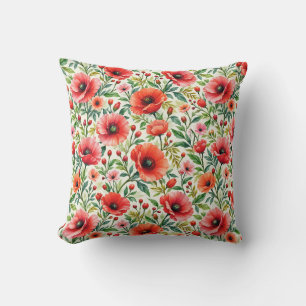 Coussin Aquarelle botanique de pavots corail