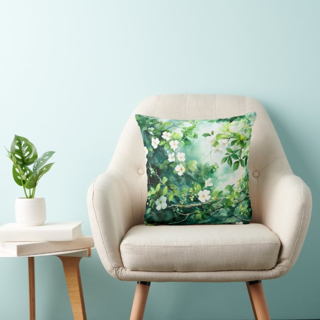 Coussin Aquarelle botanique Fleurs blanches Feuilles verte (Chaise)
