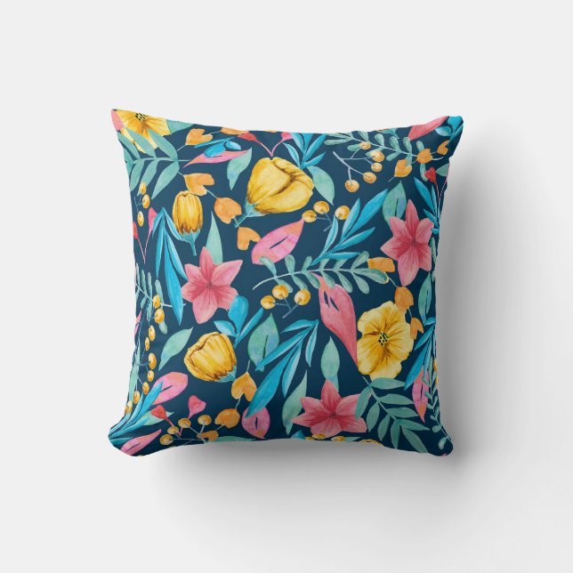 Coussin Aquarelle botanique : fleurs, ornement feuille. (Recto)