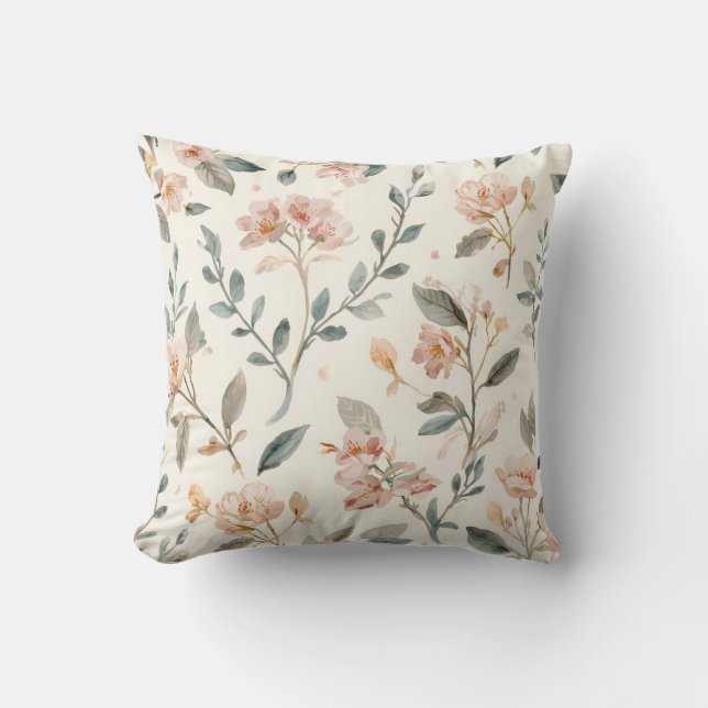 Coussin Aquarelle botanique florale feuilles beige peint (Recto)