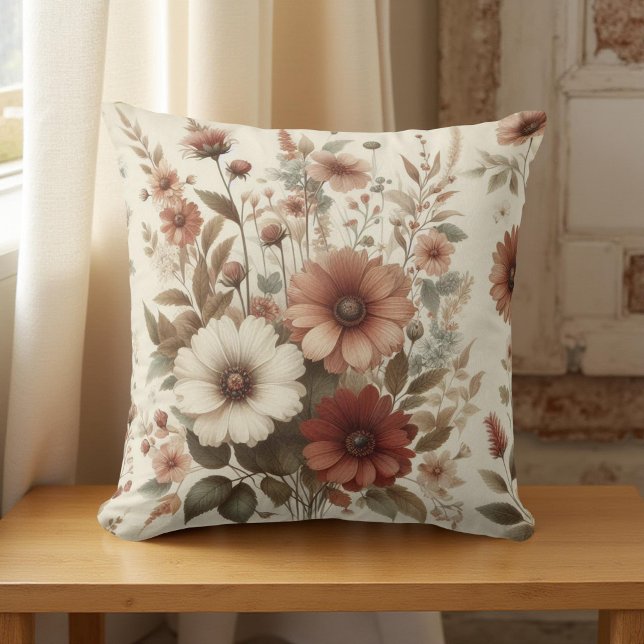 Coussin Aquarelle botanique Terre fleurs d'automne (Créateur téléchargé)