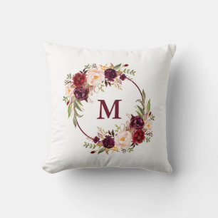 Coussin Aquarelle Bourgogne Floral Monogramme