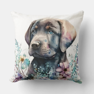 Coussin Aquarelle Brown Labrador Retriever et Fleurs