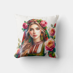 Coussin Aquarelle Bulgare Roses & Folk Femme Ethnique