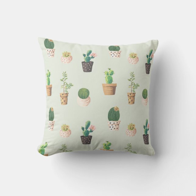 Coussin Aquarelle Cactus Motif Mint Vert (Recto)