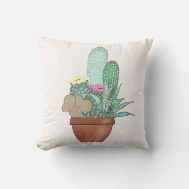 Coussin Aquarelle Cactus Plante Fleurs rose Jaune (Recto)