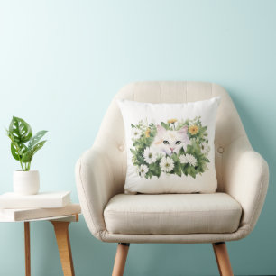 Coussin Aquarelle Chat Blanc Dans Les Faisceaux