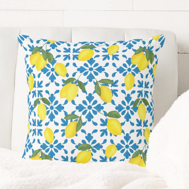 Coussin Aquarelle Citron Bleu Campagne Française  (Créateur téléchargé)