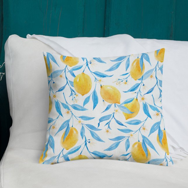 Coussin Aquarelle Citron et Feuilles bleus (Créateur téléchargé)