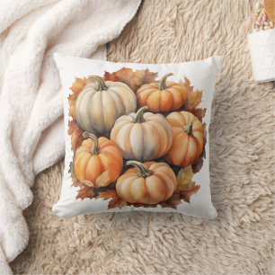 Coussin Aquarelle Citrouilles d'automne avec Feuille