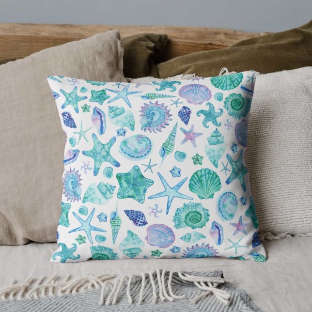 Coussin Aquarelle Coastère Coques et Starfish (Watercolor Coastal Sea Shells and Starfish Throw Pillow)