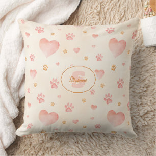 Coussin Aquarelle Coeurs et Empreintes de pattes Motif