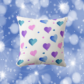 Coussin Aquarelle Coeurs Motif rose bleu pourpre