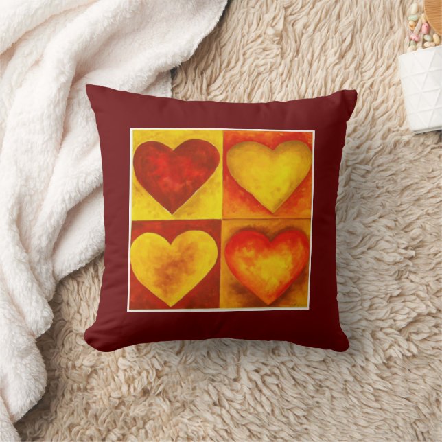 Coussin Aquarelle Coeurs Rouge Orange Coeur Art (Couverture)