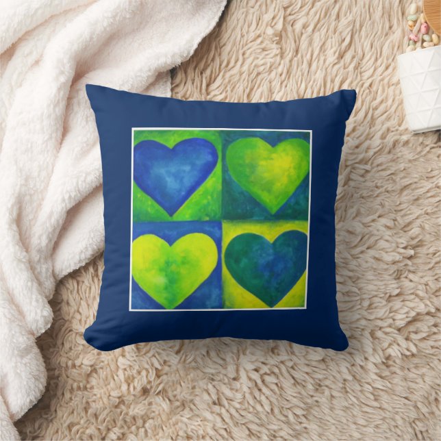 Coussin Aquarelle Coeurs Vert Bleu Coeur Art (Couverture)