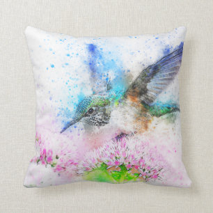 Coussin Aquarelle colorée de colibri de ressort
