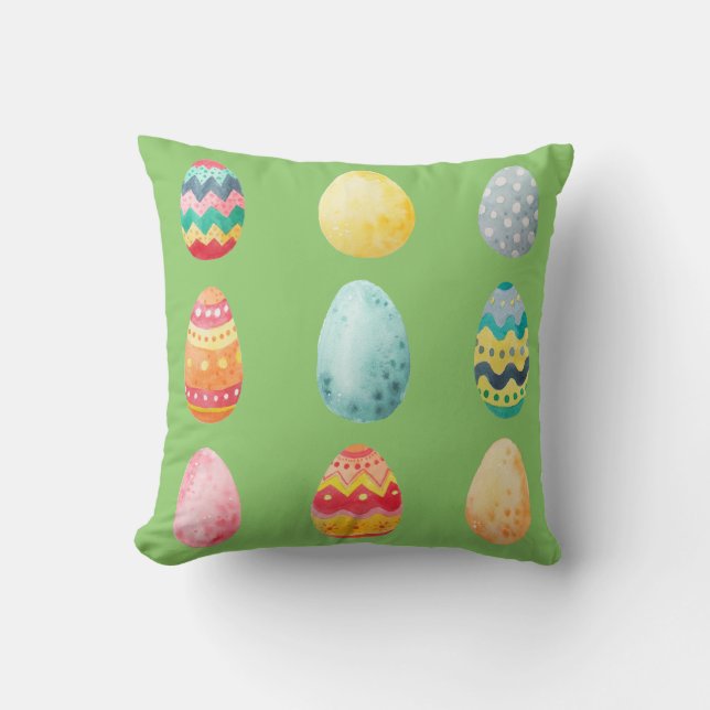 Coussin Aquarelle colorée Oeuf de Pâques Vert Multicolore (Recto)