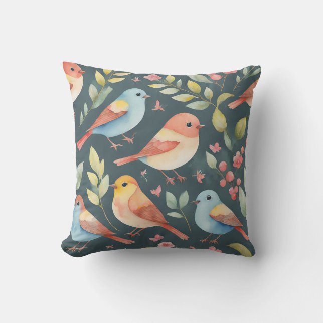 Coussin Aquarelle colorée Oiseaux Nature Feuilles (Recto)