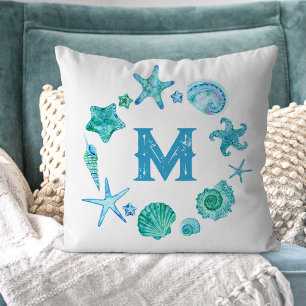 Coussin Aquarelle Coques de mer et Starfish Monogramme