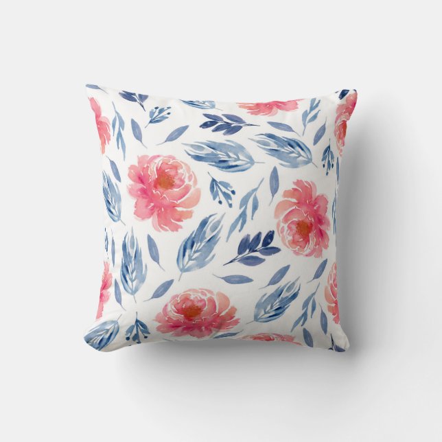 Coussin Aquarelle corail et fleurs marines (Recto)