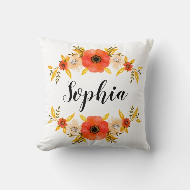 Coussin Aquarelle Coral Floral Wreath Nom personnalisé (Recto)