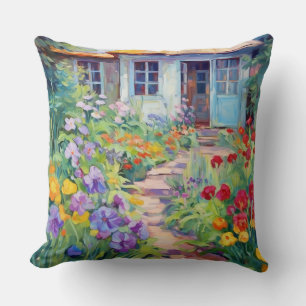 Coussin Aquarelle Cottage Jardin rempli de fleurs