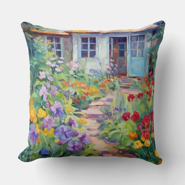 Coussin Aquarelle Cottage Jardin rempli de fleurs (Recto)