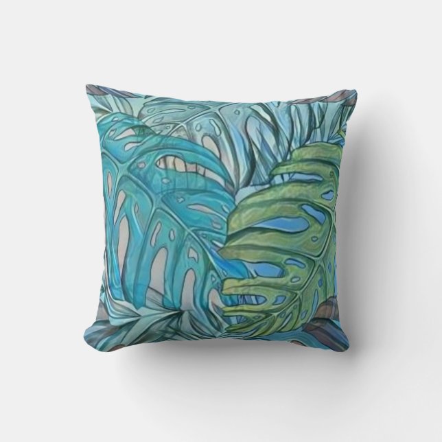 Coussin Aquarelle couleur bleu vert tropical feuille (Recto)