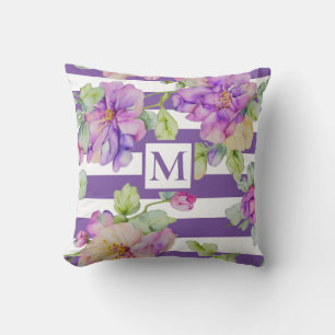 Coussin Aquarelle couleur violet fleurie bande blanche pou