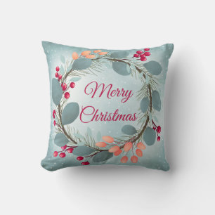 Coussin Aquarelle couronne de Noël rustique moderne