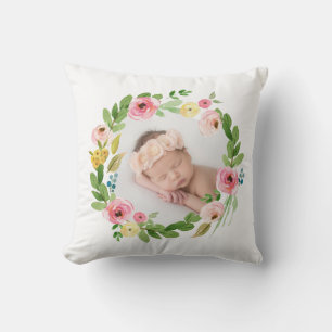 Coussin Aquarelle couronne rose pâle photo personnalisée