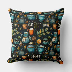 Coussin Aquarelle crayon tasses à café, pots, cannelle,