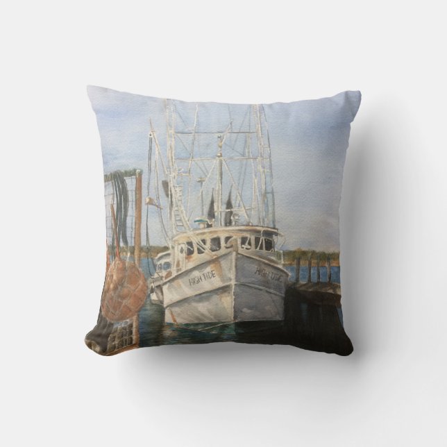 Coussin Aquarelle crevette Bateau Côtier Pêche Océan Mer (Recto)