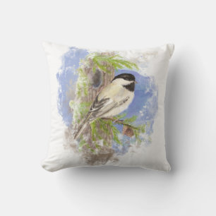Coussin Aquarelle Cute Chickadee Oiseau Nature Art