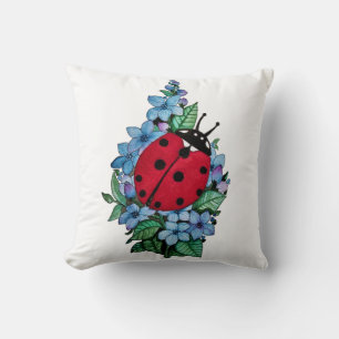 Coussin Aquarelle Cute Ladybird Avec Fleurs Bleues Sauvage