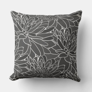 Coussin Aquarelle Dahlias gris noir blanc